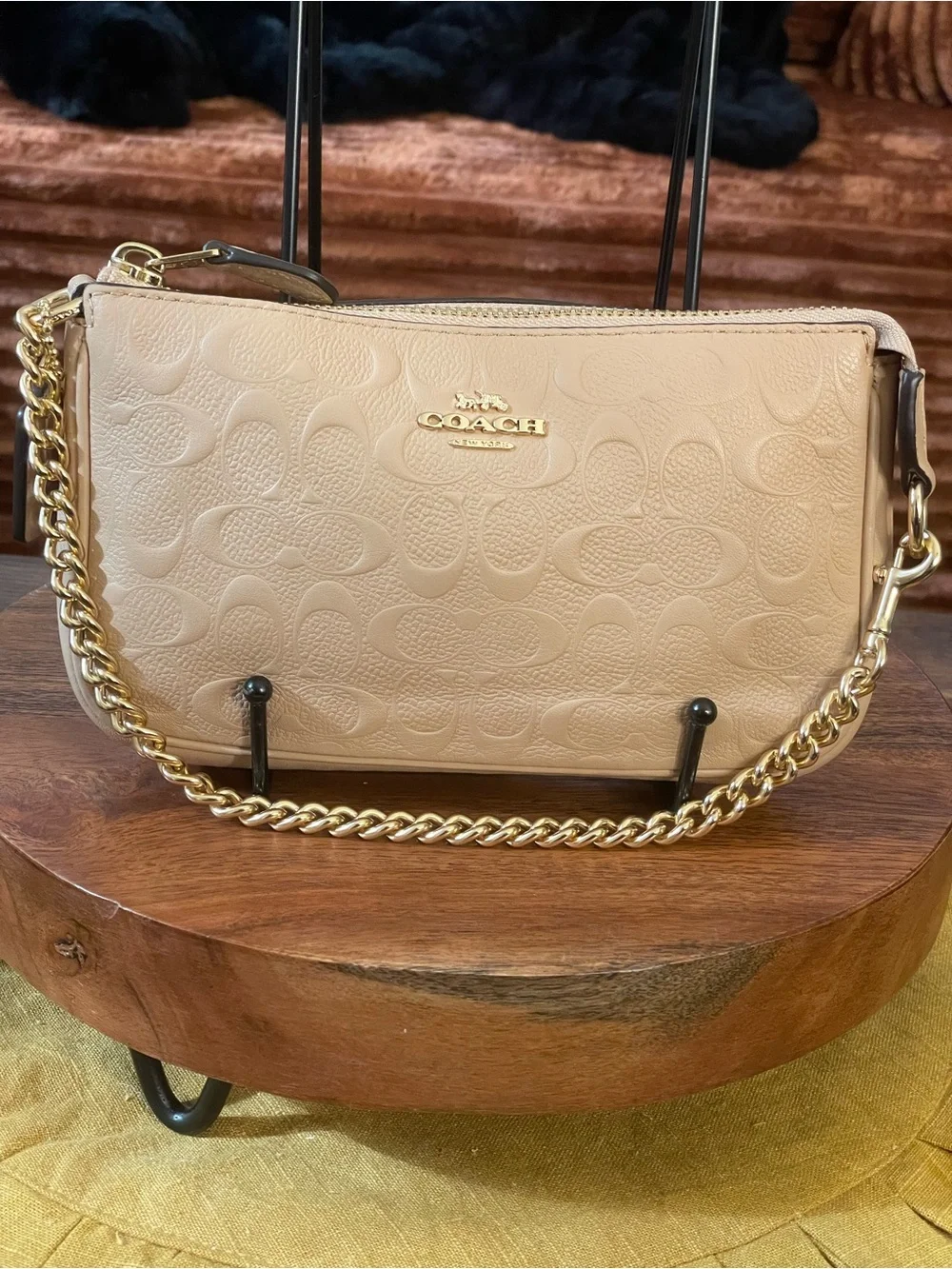 COACH Ivory Embossed Signature C Pebble Leather Large Wristlet F67567
